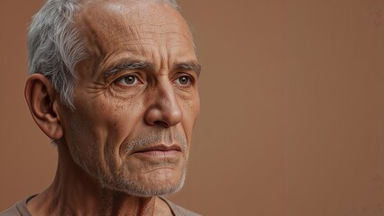 Gazing Senior Middle Eastern man in beige shirt glancing to right in studio, soft lighting