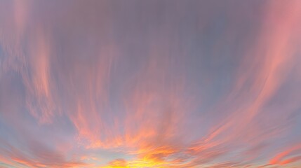 Dramatic sunrise with gradient orange and purple clouds, creating a panoramic abstract sky view.