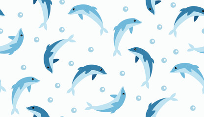 Seamless Pattern with Cute Blue Dolphins and Bubbles – Playful Ocean Cartoon Design