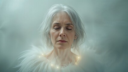 Posing senior female model wearing soft white feathered wrap in studio, with glowing fairy lights