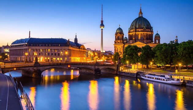City skyline at dusk over a river - Powered by Adobe