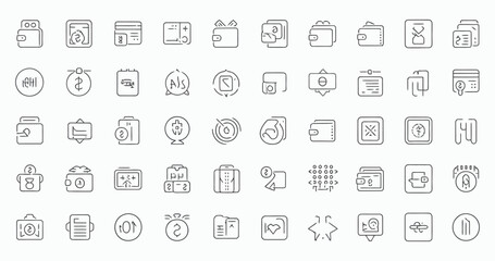 Vector art of a set of outline icons representing wallets, money and payment methods, isolated on white background