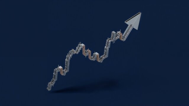 Rising 3D arrow structure ascending diagonally against navy backdrop, with metallic block segments - Powered by Adobe
