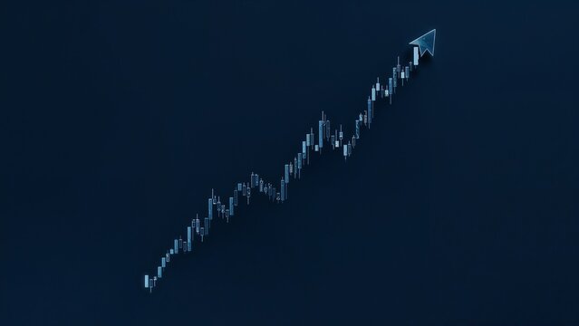 Displaying candlestick chart bars trending diagonally upward on digital chart interface, with arrow - Powered by Adobe