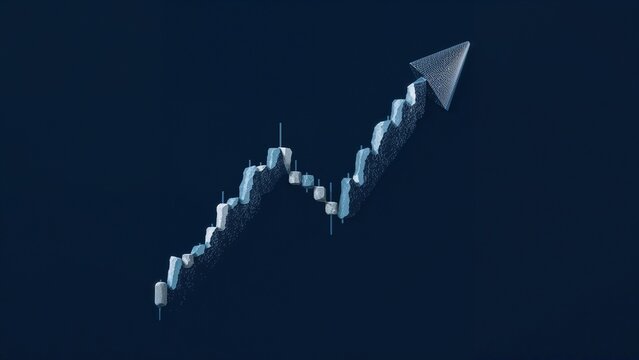 Rising financial growth chart climbing navy backdrop, with 3D block bars and wireframe arrowhead
