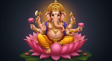 Digital illustration of the Hindu deity Ganesha seated on a lotus flower, holding objects.
