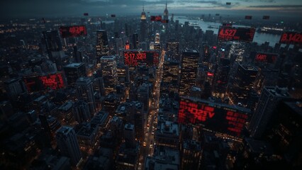 Displaying skyscraper skyline over central avenue at dusk, with floating red stock-ticker panels
