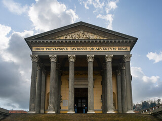 Low-angle view of the Church of Gran Madre di Dio (1831) in the Borgo Po neighbourhood,  against cloudy sky in winter, Turin, Piedmont, Italy