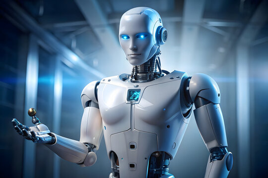 A sophisticated humanoid robot with glowing blue eyes holds a small golden sphere in its hand