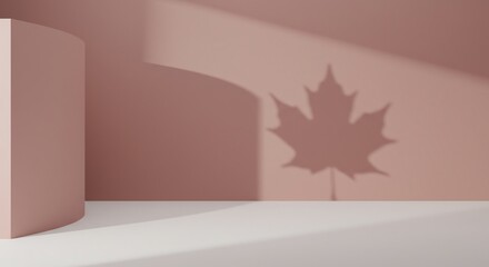 Abstract minimal scene for product display. A white stage against a dusty rose wall with a maple leaf shadow overlay. Perfect modern cosmetic podium for autumn or fall promotions.