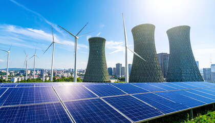 Clean Energy Landscape: A modern cityscape embracing renewable energy, featuring solar panels, wind turbines, and industrial infrastructure, symbolizing a sustainable future.