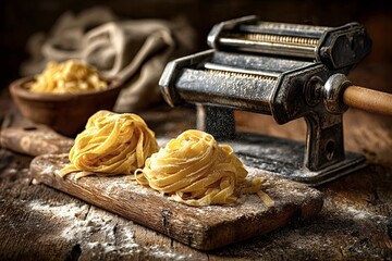 Fresh pasta is falling from a vintage pasta maker onto a floured wooden cutting board, with a bowl of pasta in the background, creating a rustic and traditional italian culinary scene
