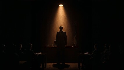 Addressing jury legal professional wearing dark suit making case in courtroom, with desk and flag