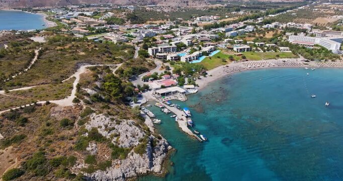 Aerial view toward the Afandou marina, sunny day in Kolymbia, Rhodes, Greece