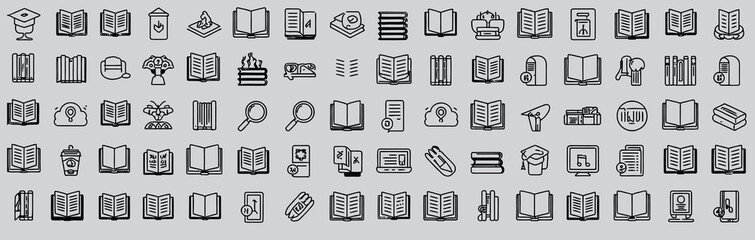 Vector art of a collection of book and reading icons isolated on white background, representing various aspects of literature, education, and the pursuit of knowledge