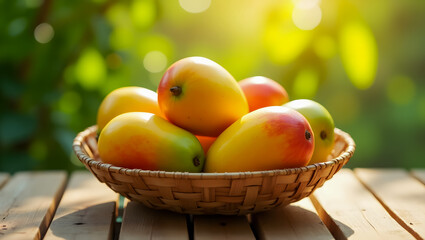 Fresh Mangos in Woven Basket on Wooden Table - Natural Setting