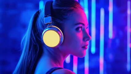 Girl with glowing headphones in blue and pink neon setting - Powered by Adobe