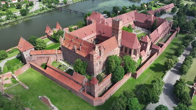 Aerial view of The Castle of the Teutonic Order in Malbork, the largest medieval castle, UNESCO, Malbork, Poland