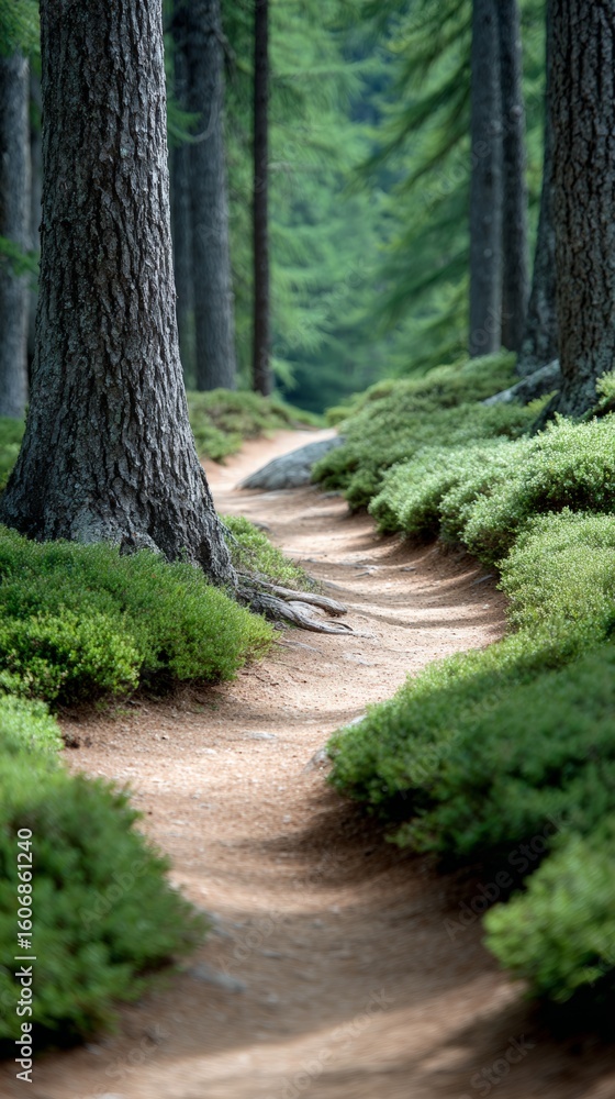 Poster sunlight filters through the trees, illuminating a winding dirt path that meanders through a tranqui