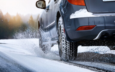 Detail of a tire on a car while driving on a wet road at high speed, splashing water on winter