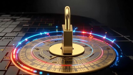 A golden padlock secured on a circular digital interface, surrounded by glowing blue and red light trails, symbolizing data security and protection in a technological context. - Powered by Adobe