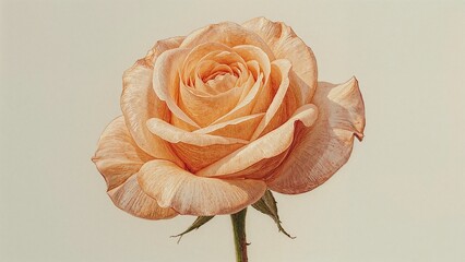 Displaying single peach-colored rose unfolding petals in studio with green stem and small sepals