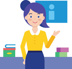 Friendly female teacher or instructor presenting information with books and a whiteboard in a classroom setting isolated on transparent background