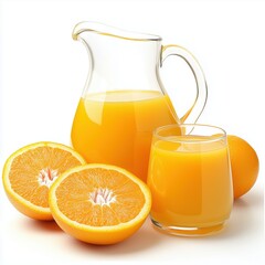 Fresh orange juice poured into a glass. A pitcher of juice and sliced oranges are placed nearby. Isolated on white background