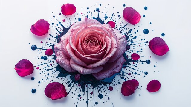 Showcasing pink rose lying on white surface, with navy-blue paint splatters and magenta petals - Powered by Adobe