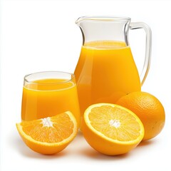 Fresh orange juice poured into a glass. A pitcher of juice and sliced oranges are placed nearby. Isolated on white background
