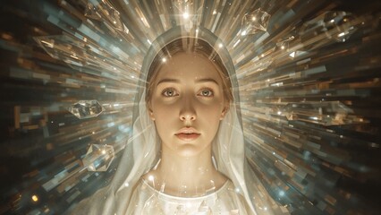 Gazing woman wearing white veil and hooded robe in dark studio, with floating translucent crystals