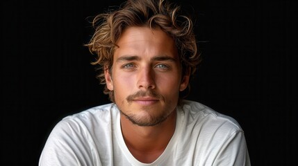 Obraz premium Man with curly blonde hair and blue eyes wearing a white t-shirt on a black background
