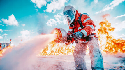 Firefighter in Action: Extinguishing Blaze with High-Pressure Water Stream