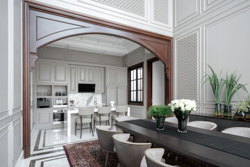 Elegant interior view from a classic dining room with a wooden archway looking into a bright,...