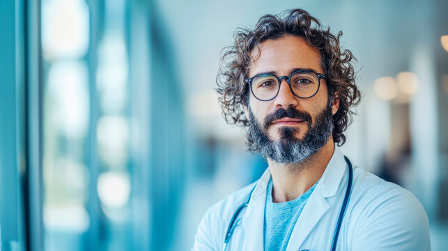 Portrait of a kind physician with curly hair wearing spectacles and a white coat
