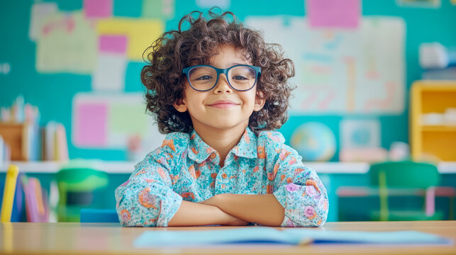 Portrait of a smiling schoolboy with curly hair and glasses sitting at his desk in a classroom environment - Powered by Adobe