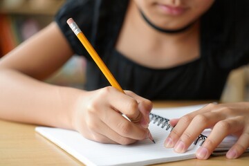 Focused Young Person Engaged in Creative Writing Activity with a Pencil in Hand and Notepad on Table, Highlighting Education and Artistry in Action