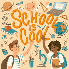 Vector poster with cheerful schoolchildren, 'School is Cool' text, and colorful school supplies. Fun back-to-school concept with science, art, and learning elements in cartoon style.