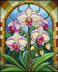 Orchids Flower, Stained Glass Style, 