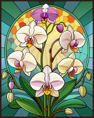 Orchids Flower, Stained Glass Style, 