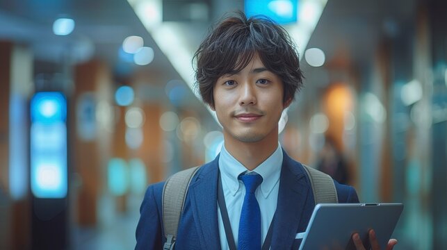 Man in a suit, holding tablet, soft focus background