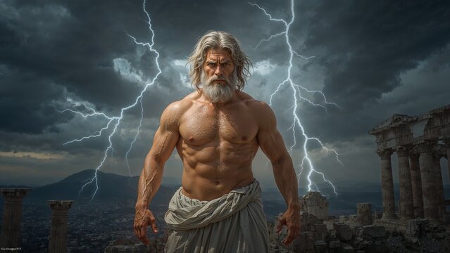 Standing muscular bearded man overlooking temple ruins on hilltop, with lightning and draped cloth - Powered by Adobe