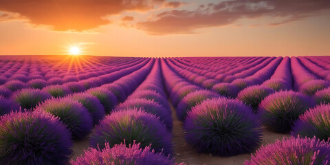 Lavender Fields at Orange Sunset


