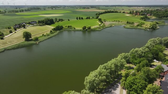 Aerial view of Lake Zajezierskie around Sztum, Poland