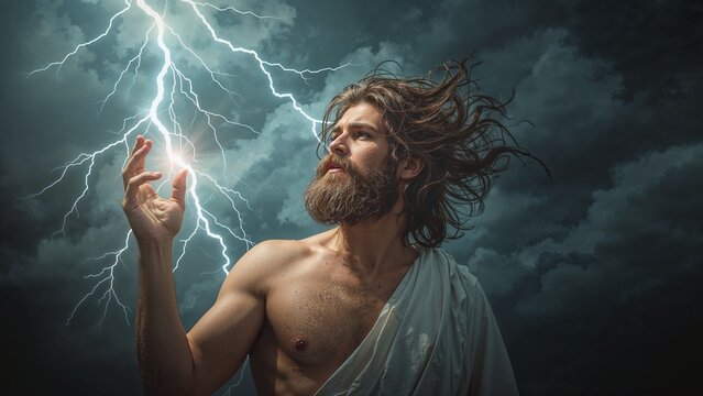 Standing bearded figure raising hand under stormy sky, with draped white cloth and lightning bolts