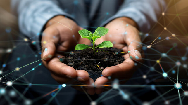 Hands Holding Seedling with Digital Network Overlay – Symbol of Innovation, Sustainability, and Green Technology
- Powered by Adobe