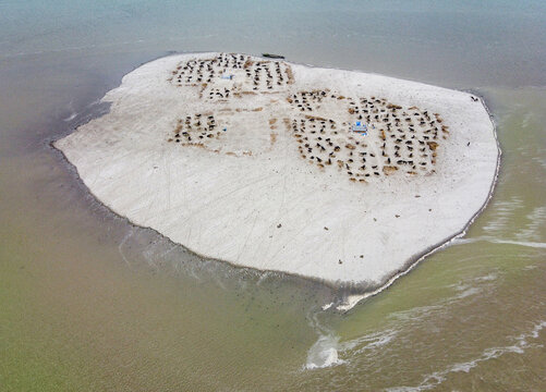 Aerial view of a small island dotted with dark structures surrounded by shallow, murky waters, with a hint of green algae near the shore, Bogura, Rajshahi Division, Bangladesh.