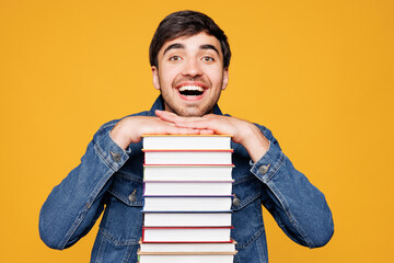 Close up young surprised surprised clever smart boy student wears denim casual clothes backpack bag...
