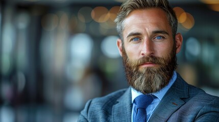 Obraz premium Man in suit stares intently. Bokeh lights background