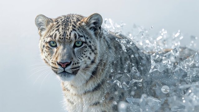 Standing snow leopard showing spotted fur in snowy mountains, with translucent ice crystal shards - Powered by Adobe